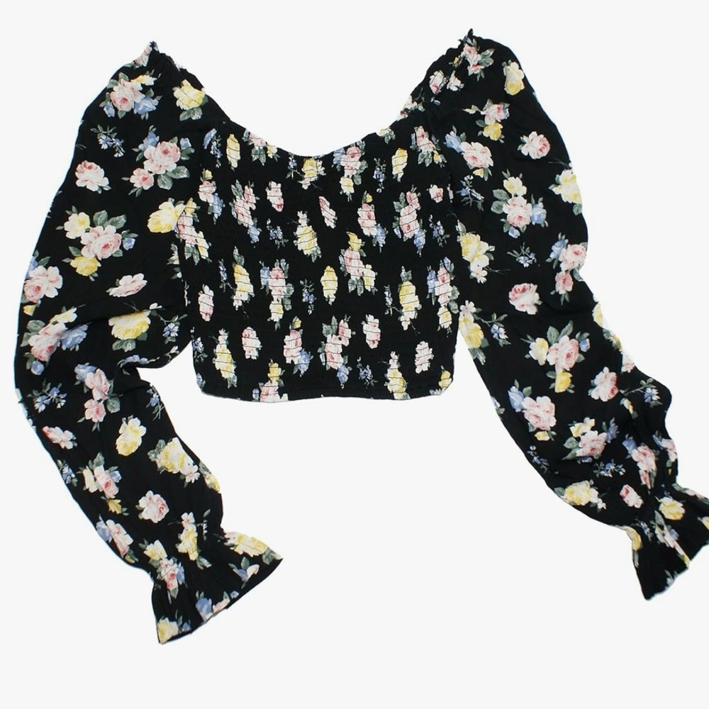 Hollister Black Floral Smocked Balloon Long Sleeve Crop Top Blouse Size Sβ